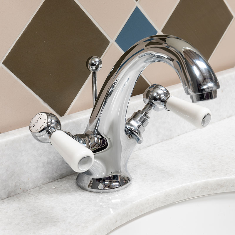 WHITE MONO BASIN MIXER WITH LEVER & HEX COLLAR