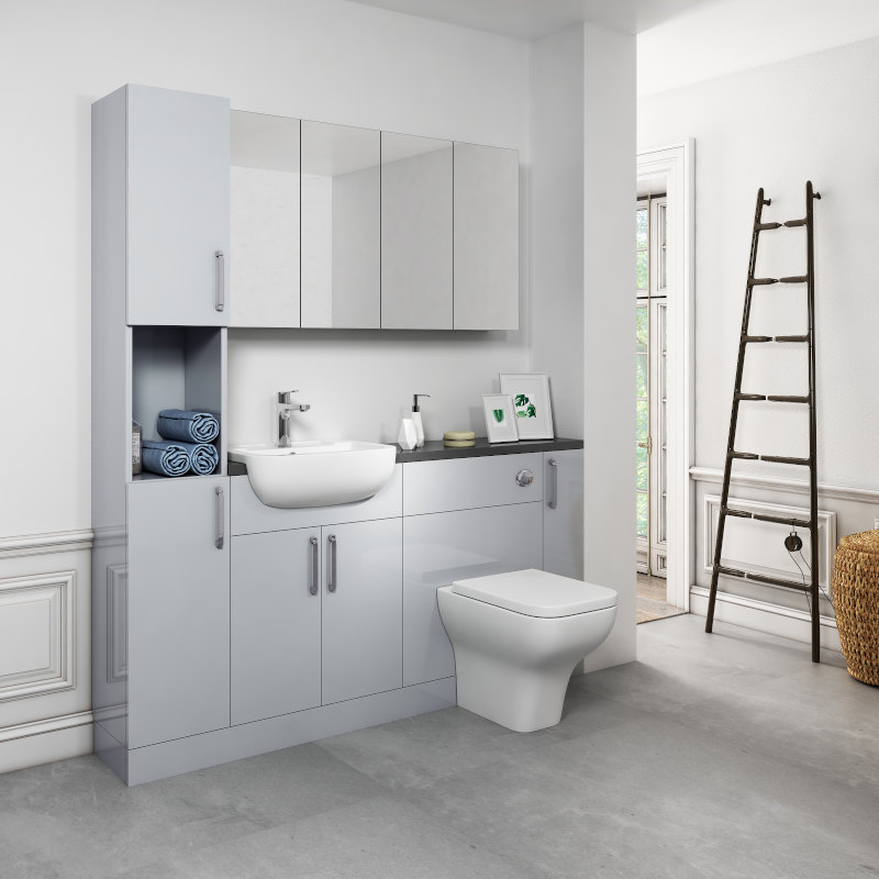 Oliver Fitted Suite w Mirror Cabinets: Dove Grey