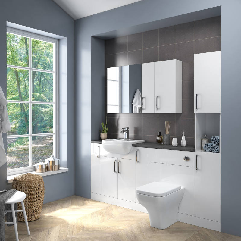 Oliver Fitted Suite w Mirror Cabinet: White