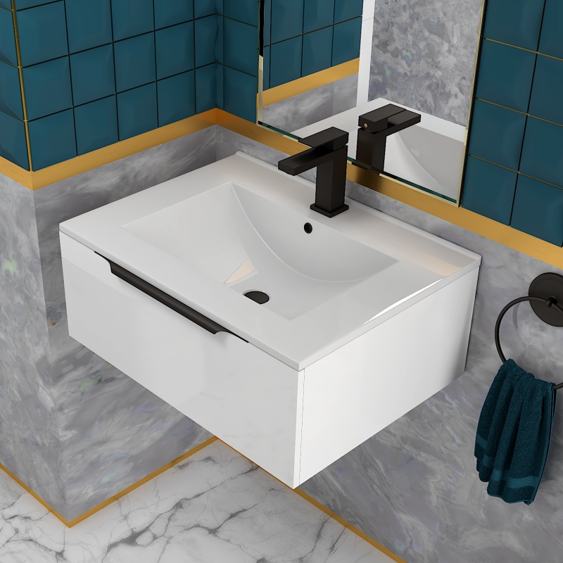 Jivana 600 White Vanity Unit | Black Handles, Tap & Waste