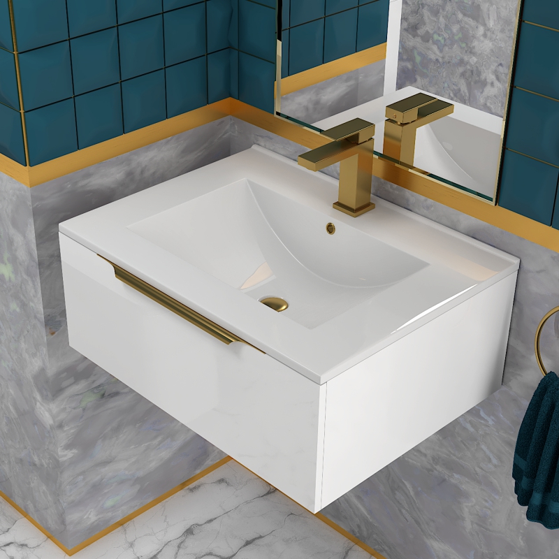 Jivana 600 White Vanity Unit | Gold Handles, Tap & Waste