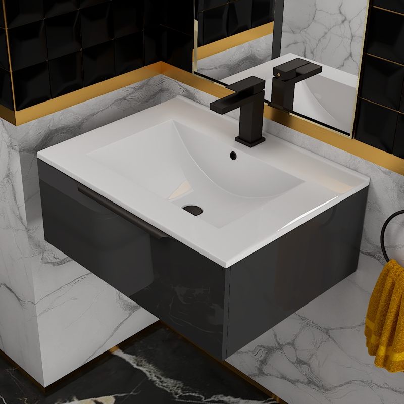 Jivana 600 Grey Vanity Unit | Black Handles, Tap & Waste