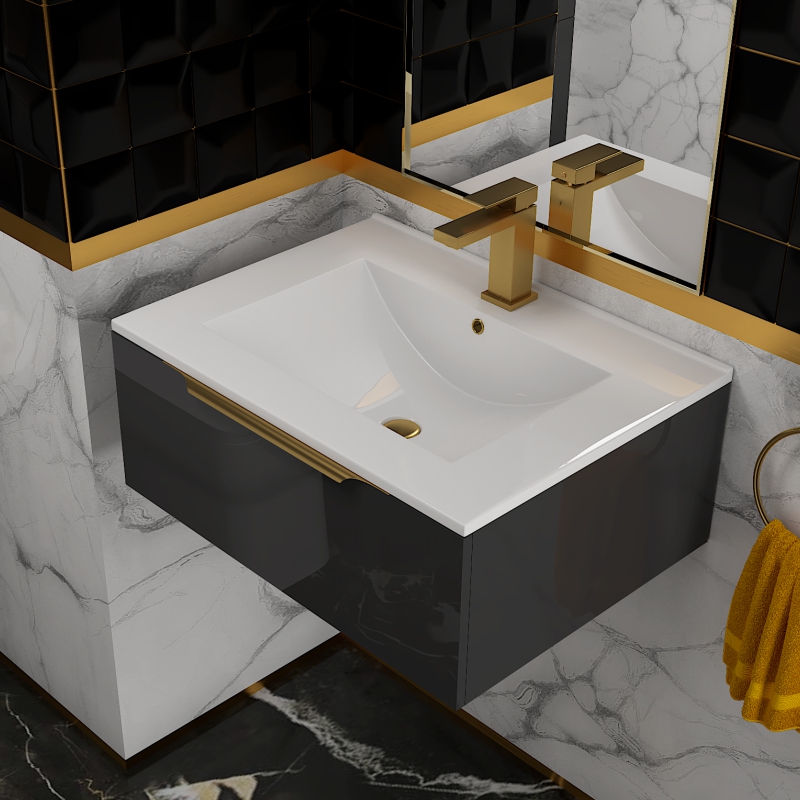 Jivana 600 Grey Vanity Unit | Gold Handles, Tap & Waste