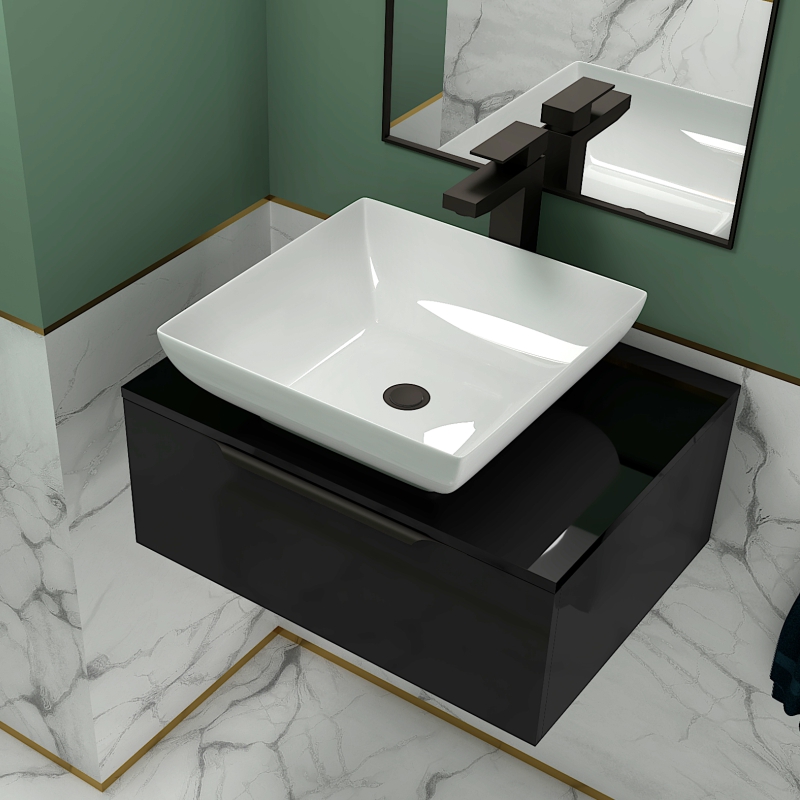 Jivana 600 Grey Vanity Unit with Black Glass Worktop | Black Handles, Tap & Waste