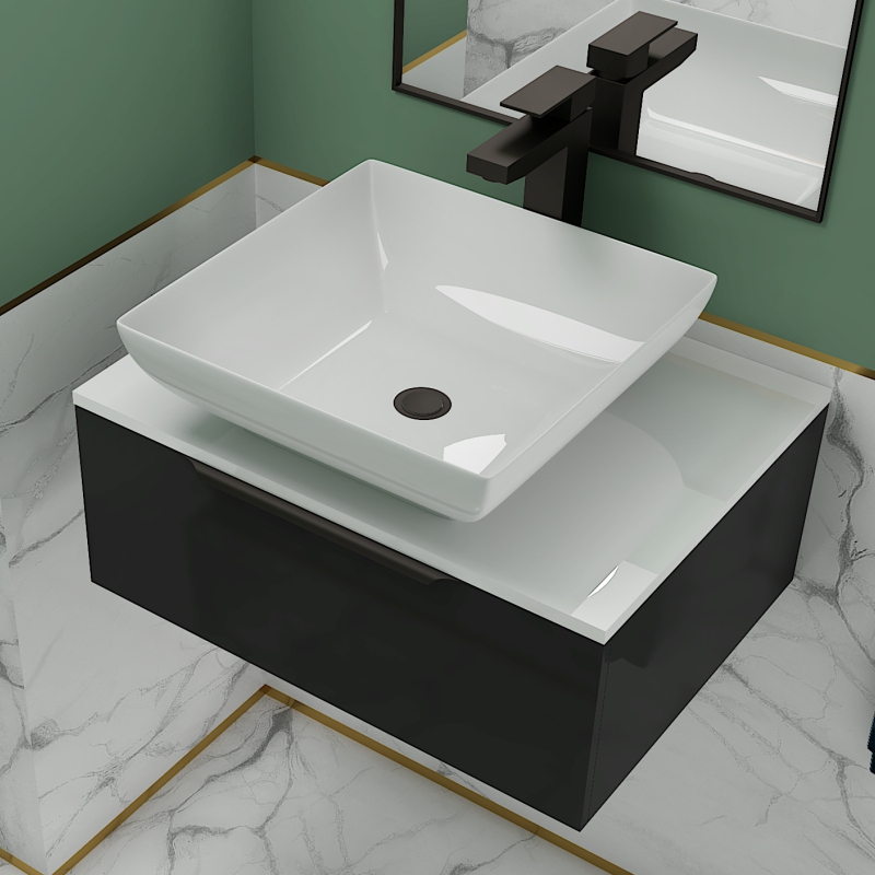 Jivana 600 Grey Vanity Unit with White Glass Worktop | Black Handles, Tap & Waste