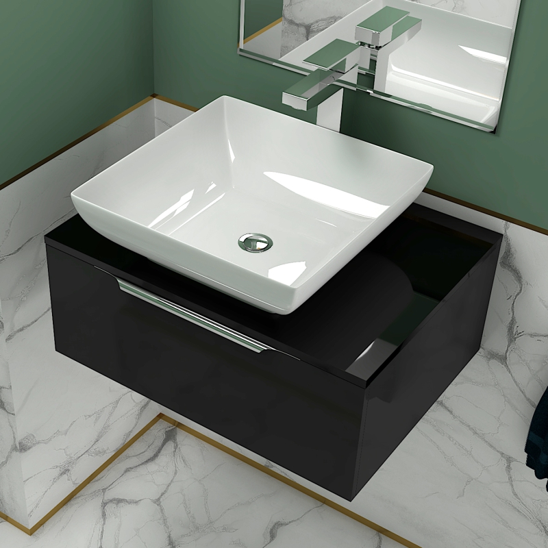 Jivana 600 Grey Vanity Unit with Black Glass Worktop | Chrome Handles, Tap & Waste