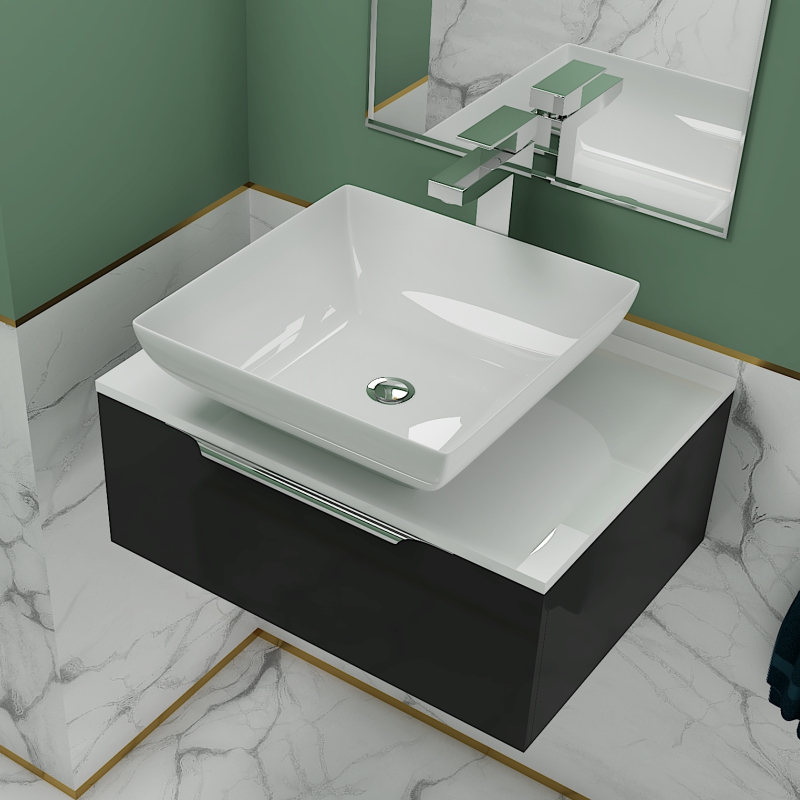 Jivana 600 Grey Vanity Unit with White Glass Worktop | Chrome Handles, Tap & Waste