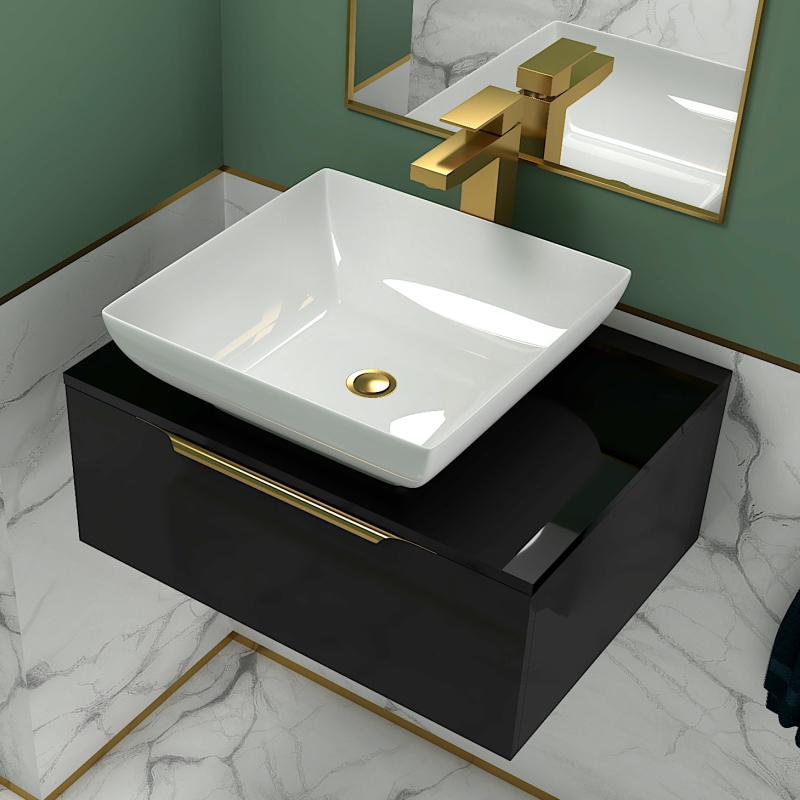 Jivana 600 Grey Vanity Unit with Black Glass Worktop | Gold Handles, Tap & Waste
