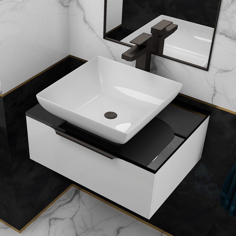 Jivana 600 White Vanity Unit with Black Glass Worktop | Black Handles, Tap & Waste