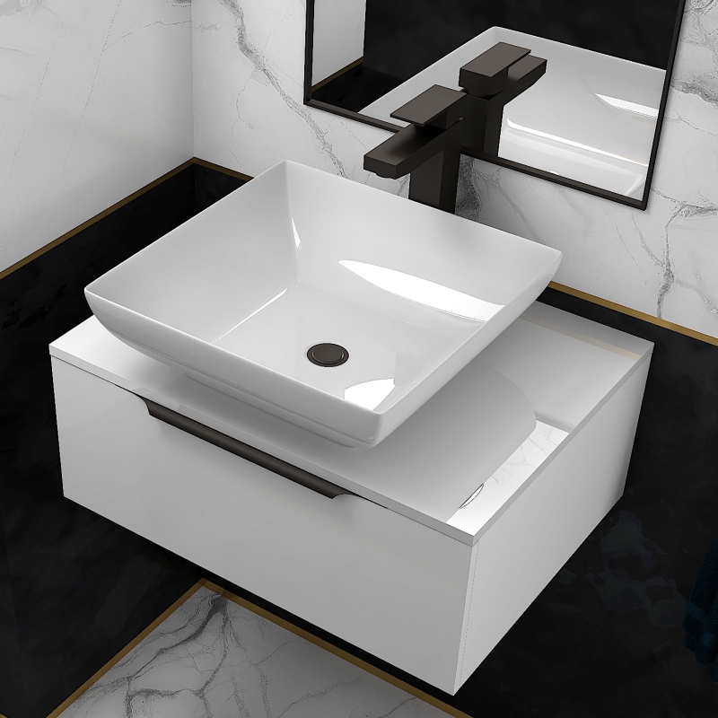 Jivana 600 White Vanity Unit with White Glass Worktop | Black Handles, Tap & Waste
