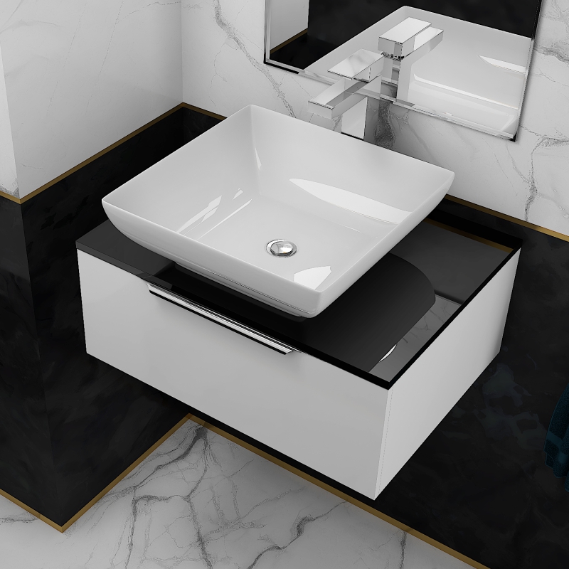 Jivana 600 White Vanity Unit with Black Glass Worktop | Chrome Handles, Tap & Waste
