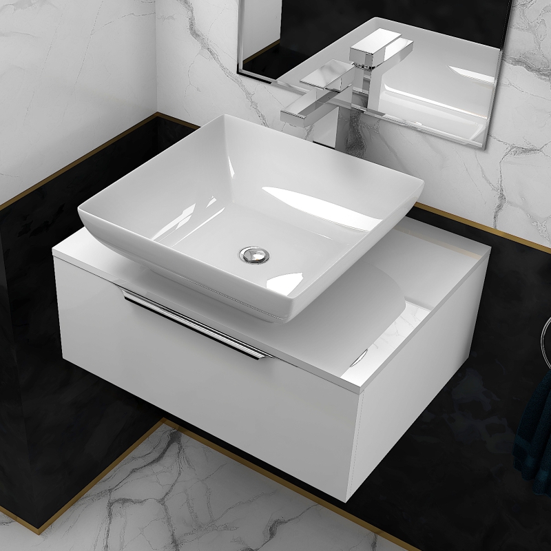 Jivana 600 White Vanity Unit with White Glass Worktop | Chrome Handles, Tap & Waste