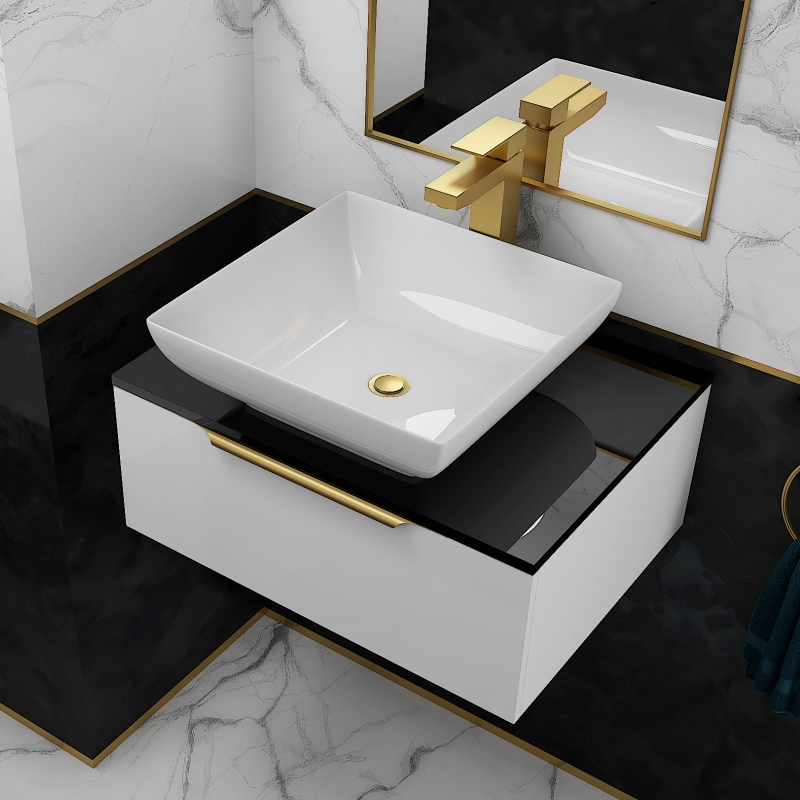 Jivana 600 White Vanity Unit with Black Glass Worktop | Gold Handles, Tap & Waste