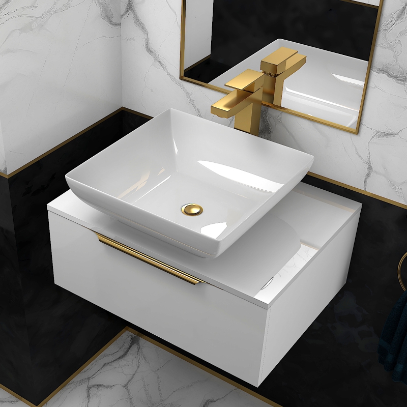 Jivana 600 White Vanity Unit with White Glass Worktop | Gold Handles, Tap & Waste