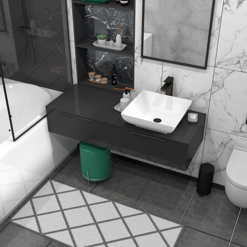 Jivana 1200 Grey Wall Hung Unit | Black Handles, Tap & Waste