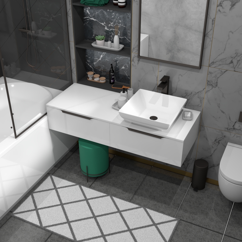 Jivana 1200 White Wall Hung Unit | Black Handles, Tap & Waste