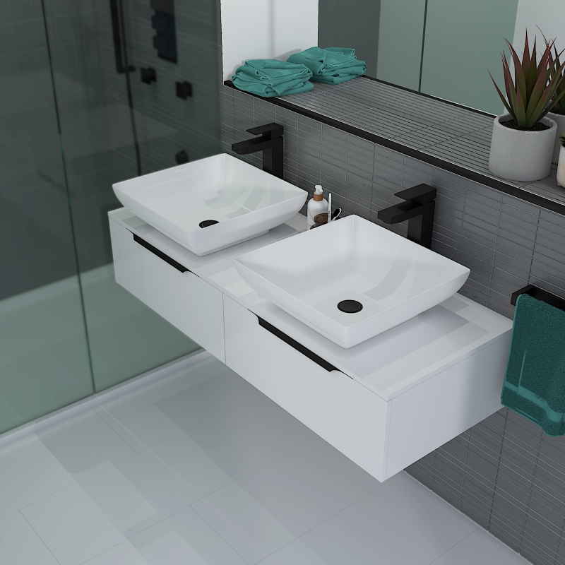 Jivana 1200 Wall Hung White Vanity Unit | Black Handles, Tall Black Taps & Wastes