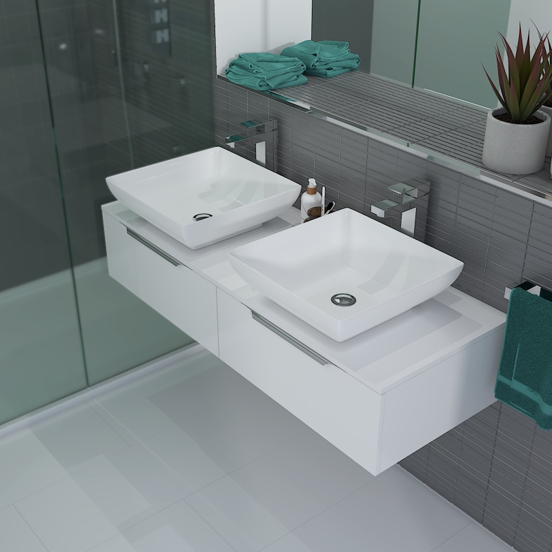Jivana 1200 Wall Hung White Vanity Unit | Chrome Handles, Tall Chrome Taps & Wastes