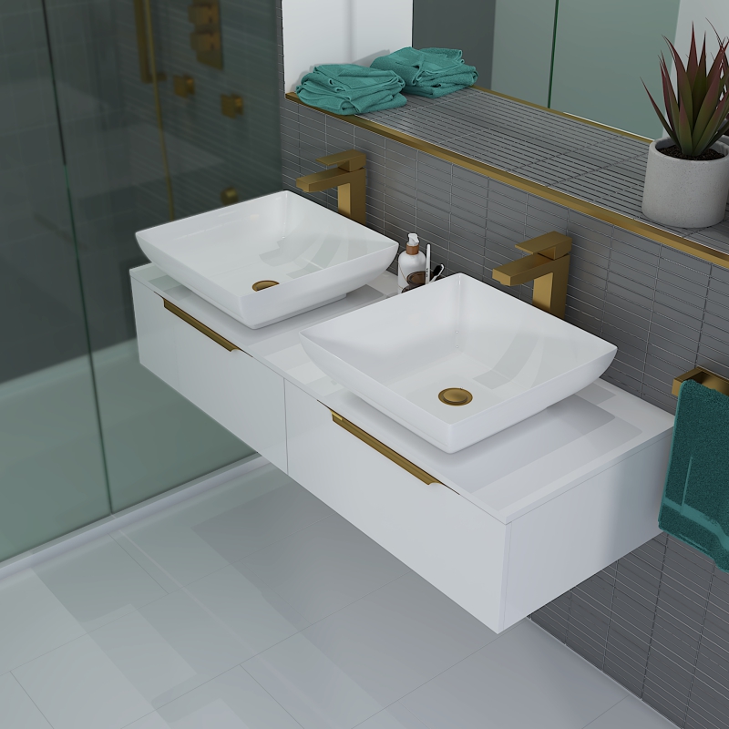 Jivana 1200 Wall Hung White Vanity Unit | Gold Handles, Tall Gold Taps & Wastes