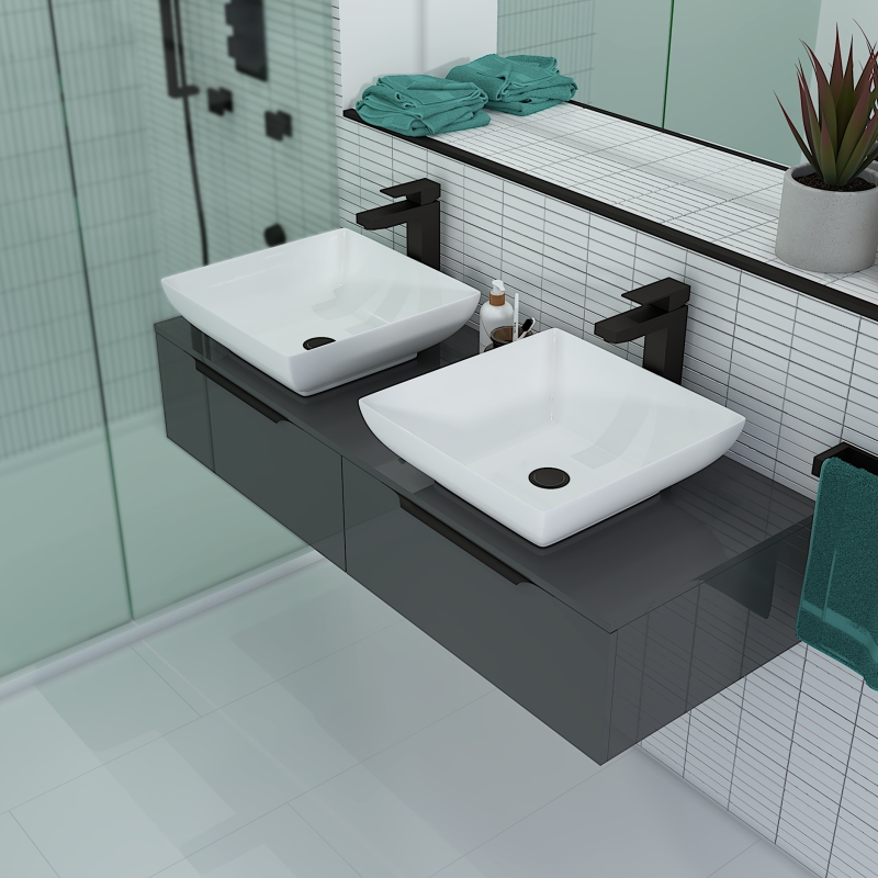 Jivana 1200 Wall Hung Grey Vanity Unit | Black Handles, Tall Black Taps & Wastes