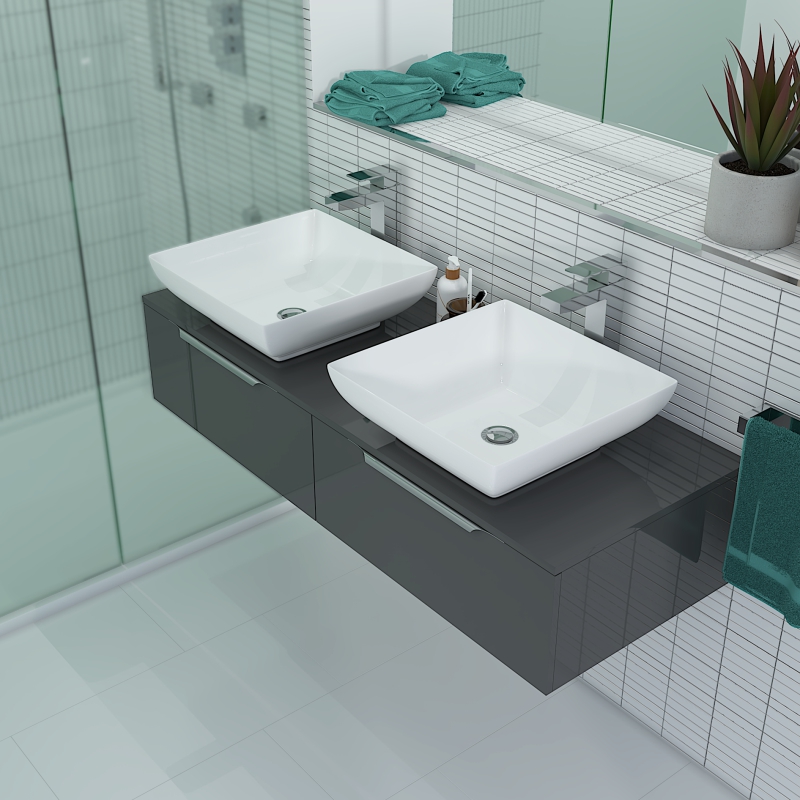 Jivana 1200 Wall Hung Grey Vanity Unit | Chrome Handles, Tall Chrome Taps & Wastes
