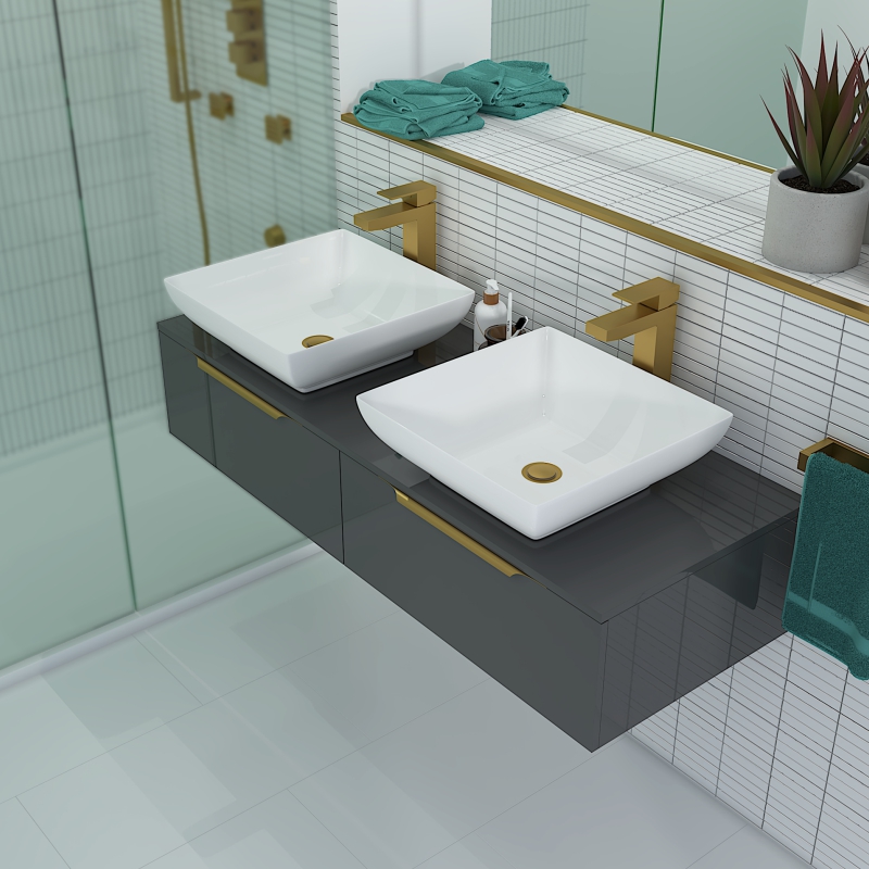Jivana 1200 Wall Hung Grey Vanity Unit | Gold Handles, Tall Gold Taps & Wastes