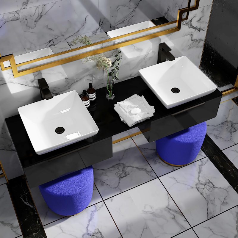 Jivana 1500 Grey Vanity Unit with Black Glass Worktop | Black Handles, Taps & Wastes