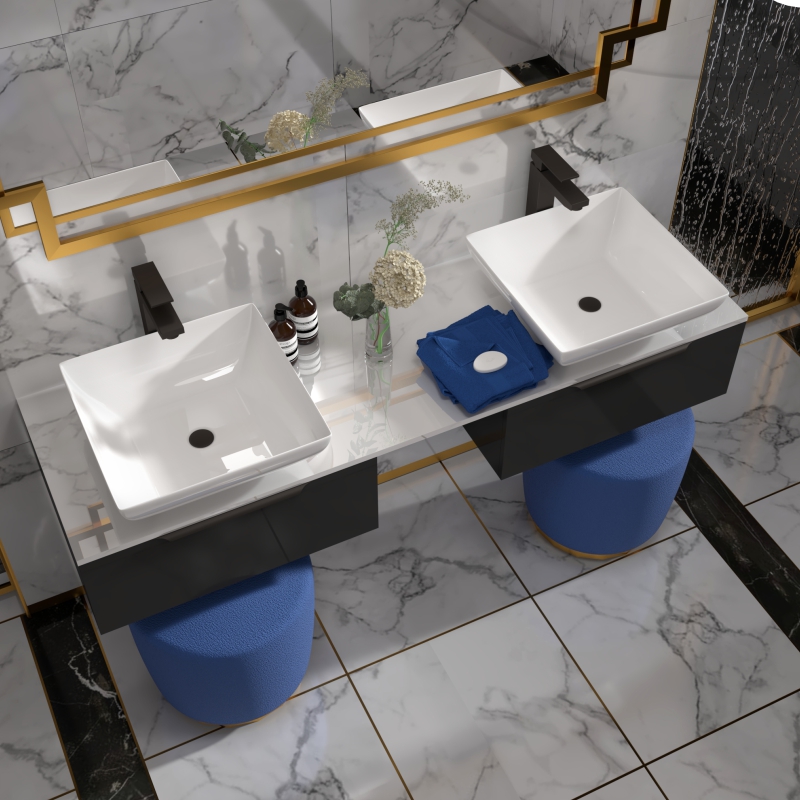 Jivana 1500 Grey Vanity Unit with White Glass Worktop | Black Handles, Taps & Wastes