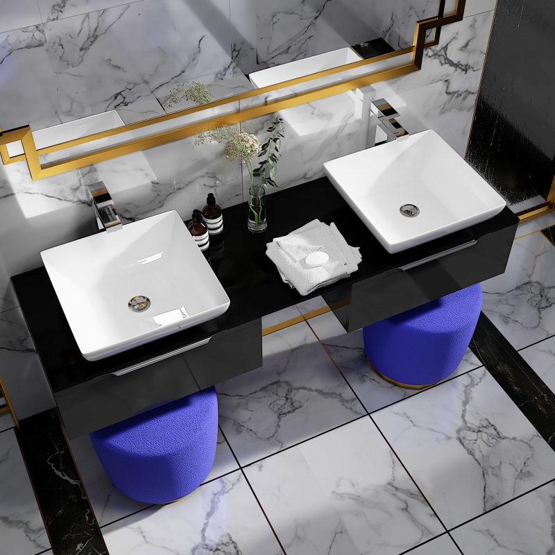 Jivana 1500 Grey Vanity Unit with Black Glass Worktop | Chrome Handles, Taps & Wastes