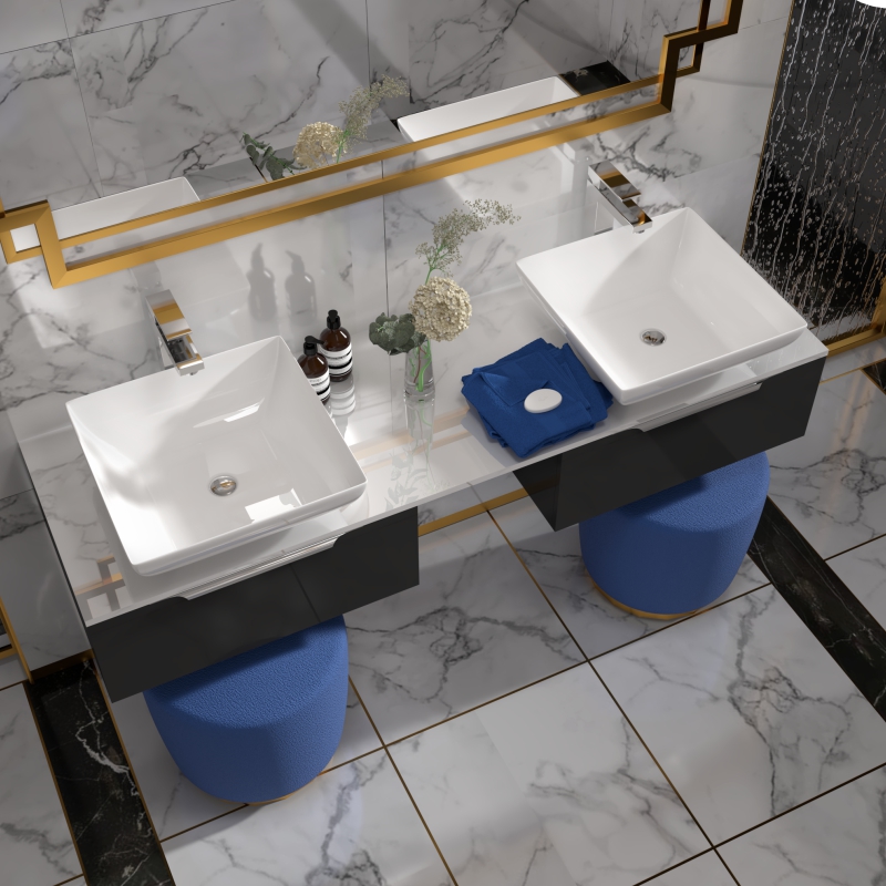 Jivana 1500 Grey Vanity Unit with White Glass Worktop | Chrome Handles, Taps & Wastes