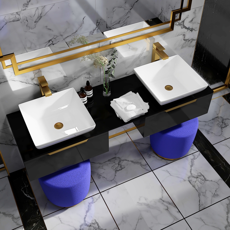 Jivana 1500 Grey Vanity Unit with Black Glass Worktop | Gold Handles, Taps & Wastes