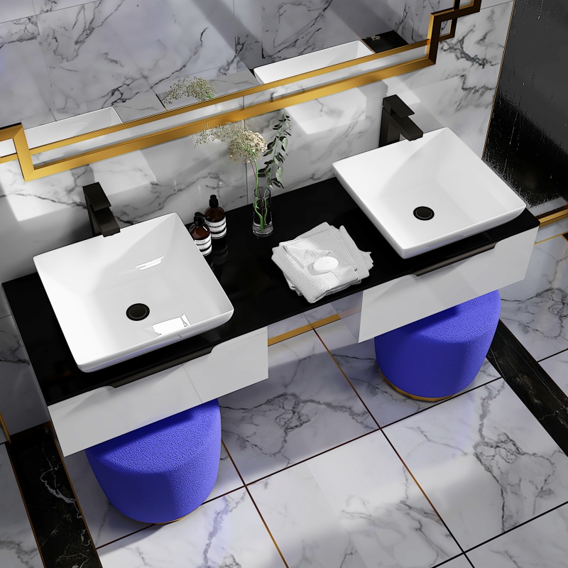 Jivana 1500 White Vanity Unit with Black Glass Worktop | Black Handles, Taps & Wastes