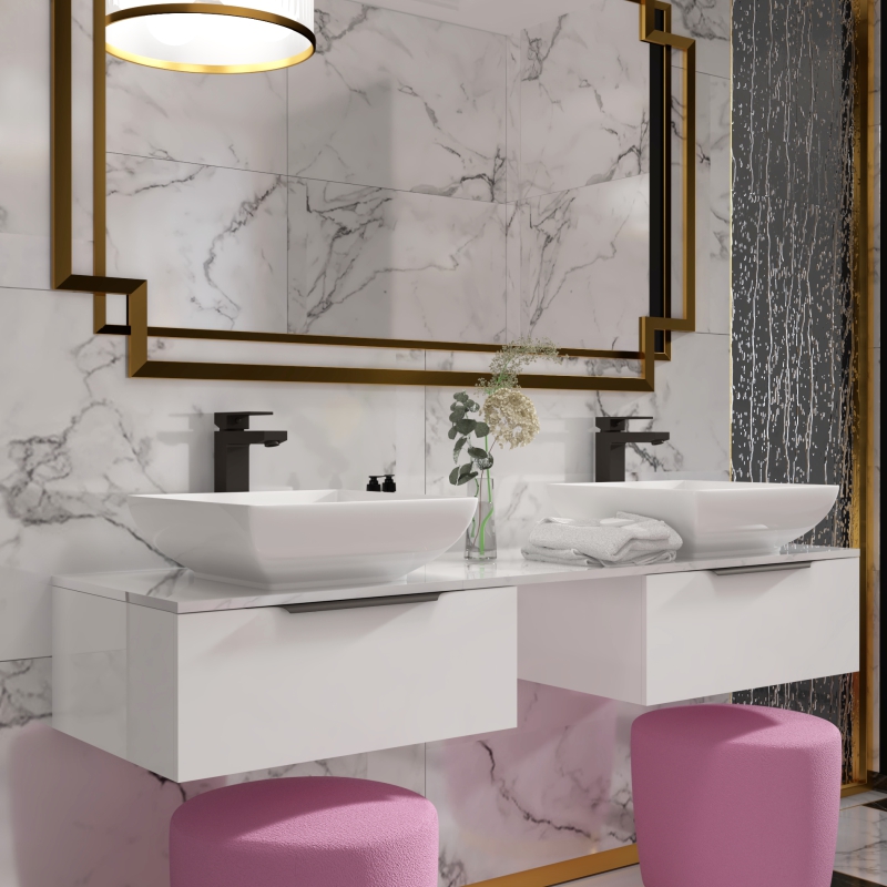 Jivana 1500 White Vanity Unit with White Glass Worktop | Black Handles, Taps & Wastes