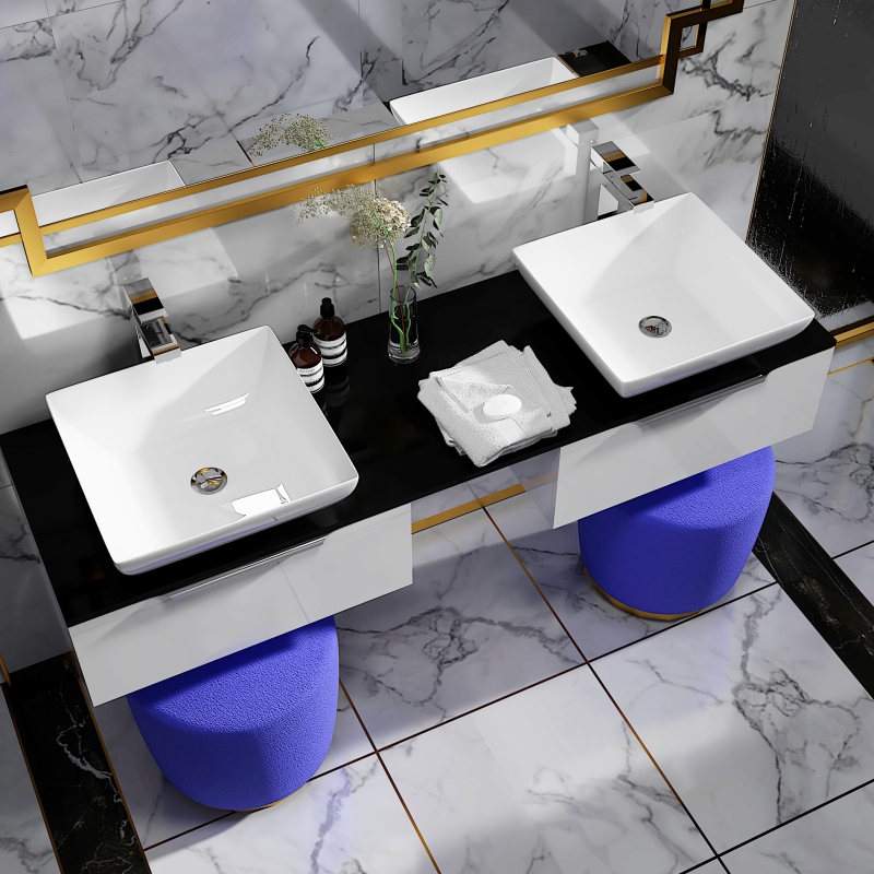 Jivana 1500 White Vanity Unit with Black Glass Worktop | Chrome Handles, Taps & Wastes