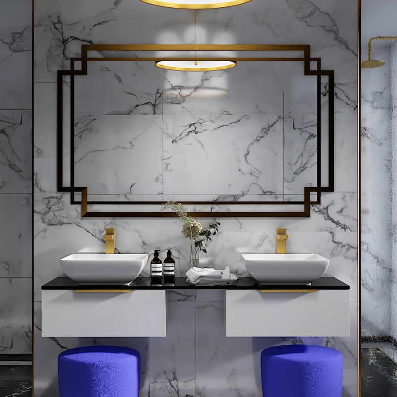 Jivana 1500 White Vanity Unit with Black Glass Worktop | Gold Handles, Taps & Wastes