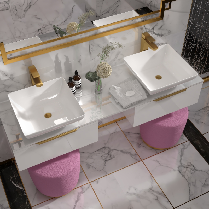 Jivana 1500 White Vanity Unit with White Glass Worktop | Gold Handles, Taps & Wastes