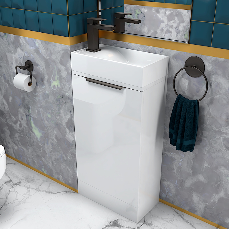 Jivana 410 White Vanity Unit | Black Handles, Tap & Waste
