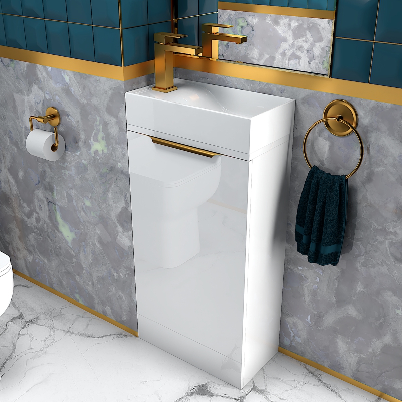 Variation Image of Jivana 400 Cloakroom White Suite with Gold Handles, Tap & Waste