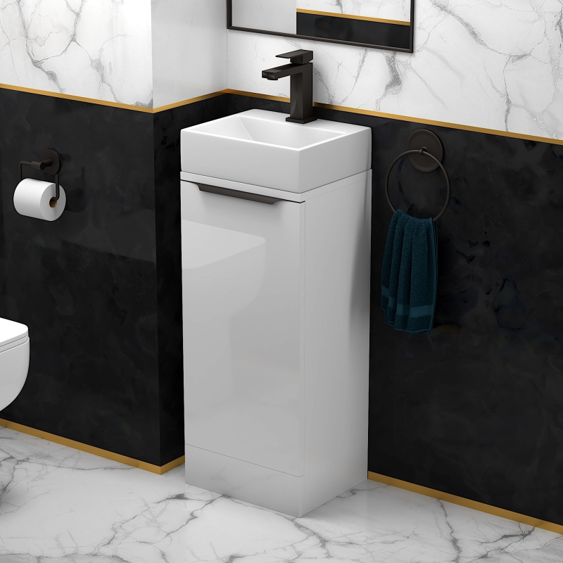 Jivana 325 White Vanity Unit | Black Handles, Tap & Waste