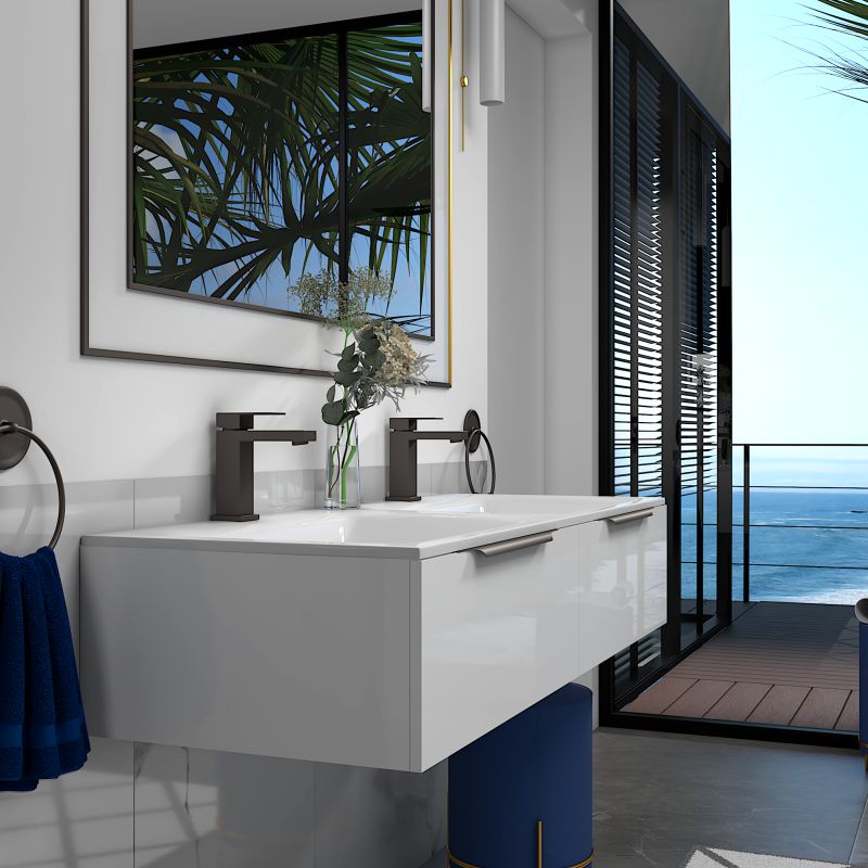 Jivana 1200 White Wall Hung Unit | Black Handles, Taps & Wastes