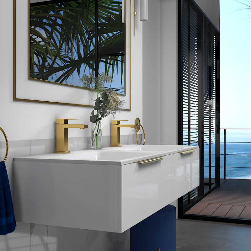Jivana 1200 White Wall Hung Unit | Gold Handles, Taps & Wastes
