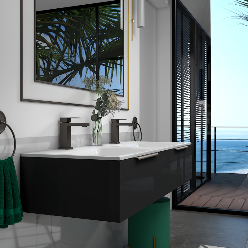 Jivana 1200 Grey Wall Hung Unit | Black Handles, Taps & Wastes