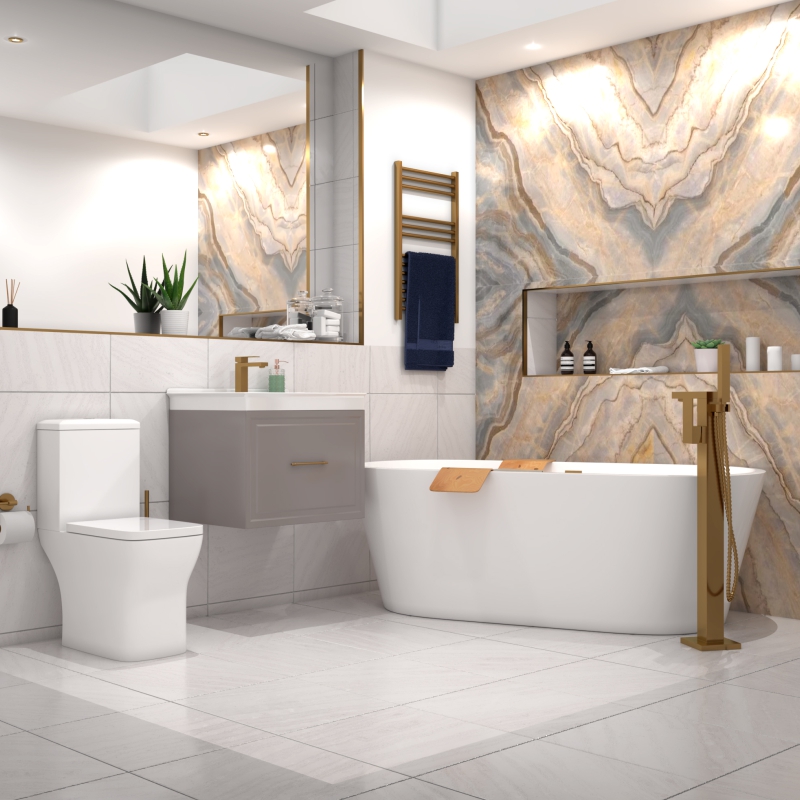 Chester Suite: Vanity Unit (Gold Handles), Toilet, Bath and TAPS for Basin & Bath in GOLD