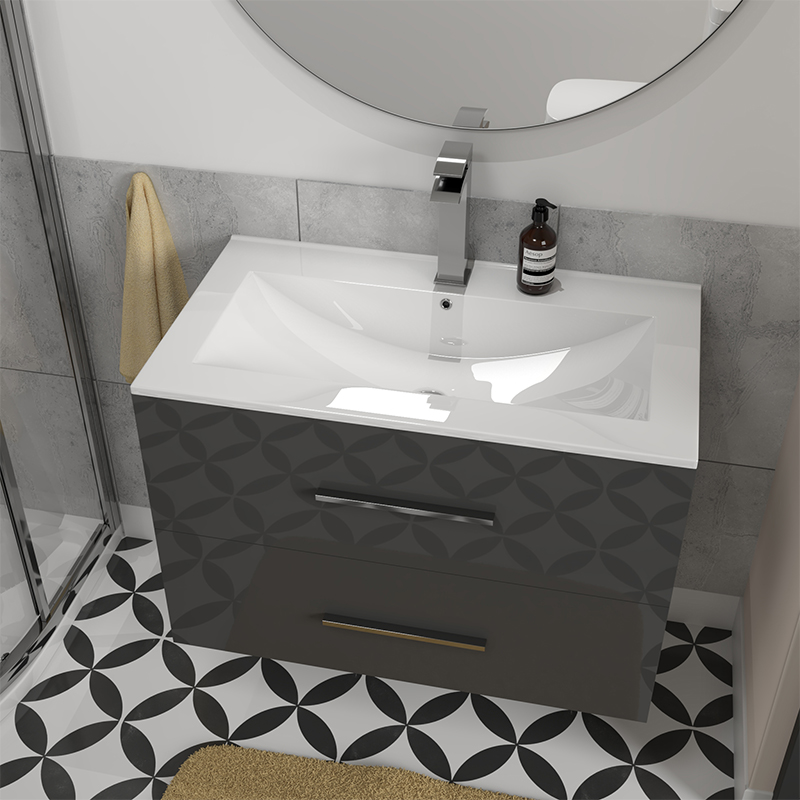 SONIX WALL HUNG 610 UNIT 2 DRAWERS Grey AND CERAMIC BASIN | Virgo Chrome Tap & Waste