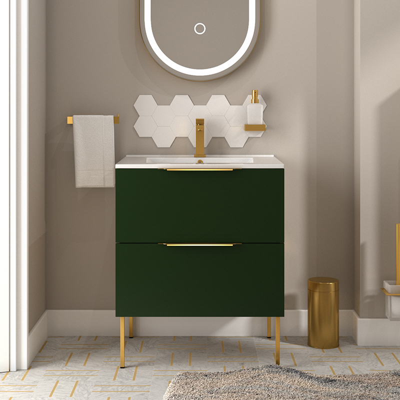 Room Scene with 600mm Vanity Unit in Green with Gold Handles and Ceramic Basin