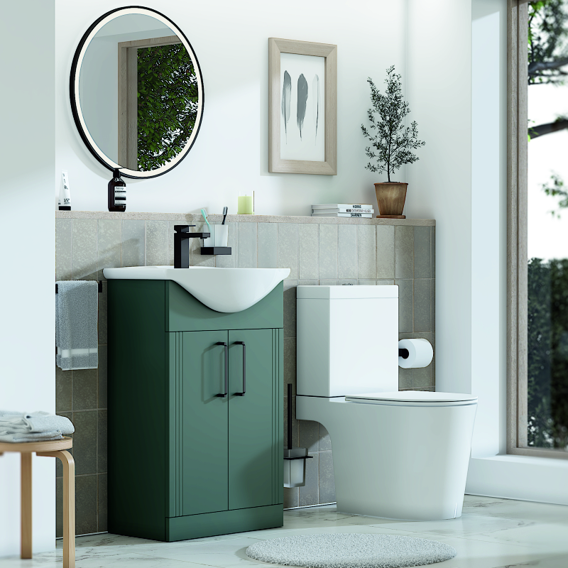 Room Scene of Alani Vanity Unit in Green with Basin and Black Handles