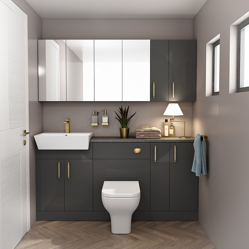 Oliver Gold Fitted Suite w Mirror Cabinets: Anthracite