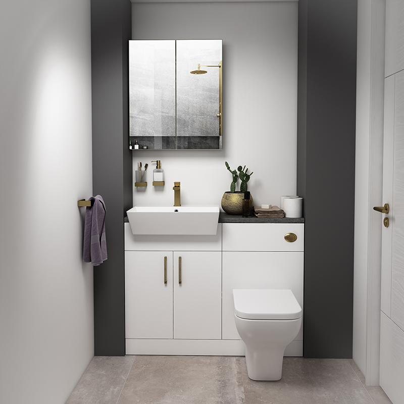Oliver Gold Fitted Suite w Mirror Cabinet: White