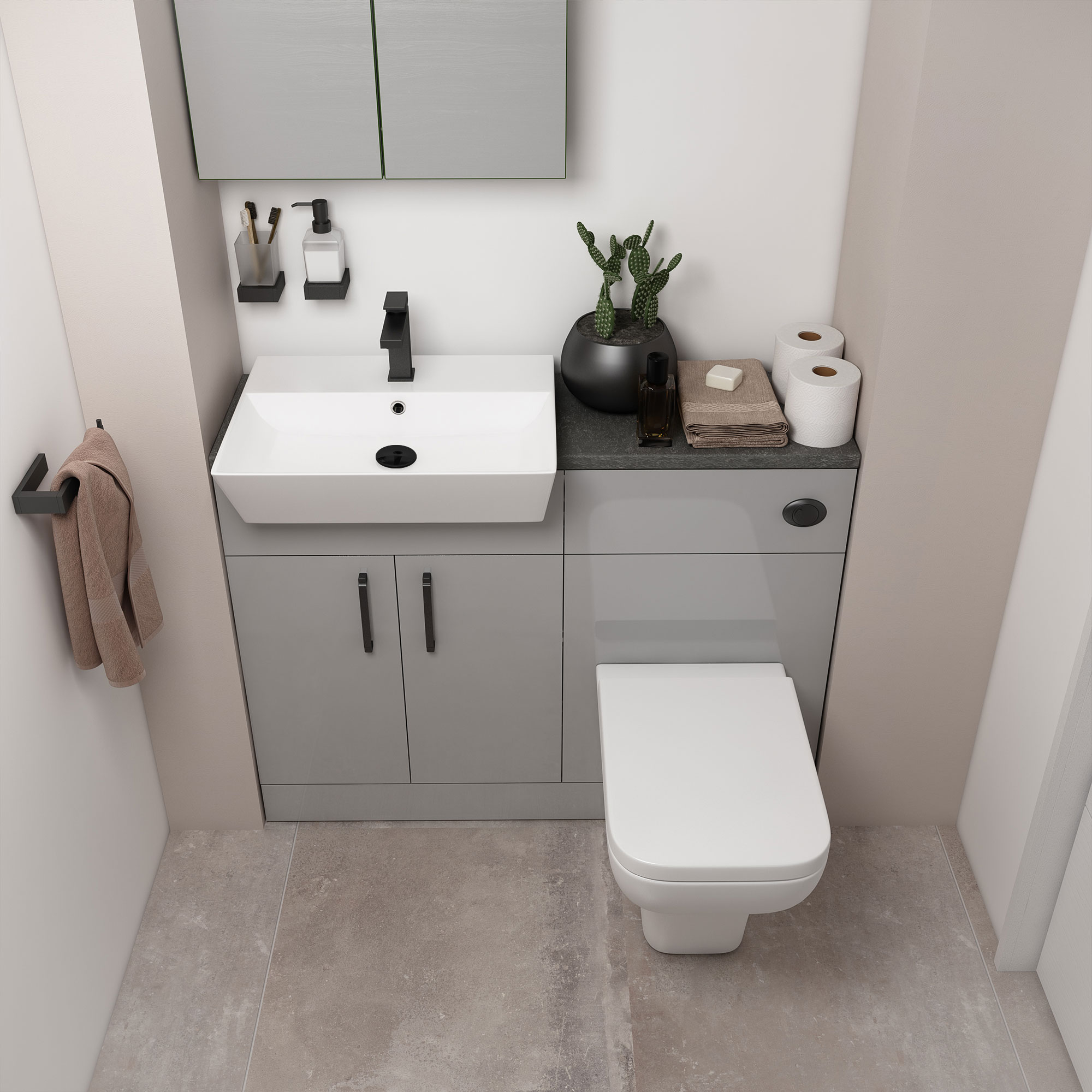 Oliver Black Fitted Suite w Mirror Cabinet: Dove Grey