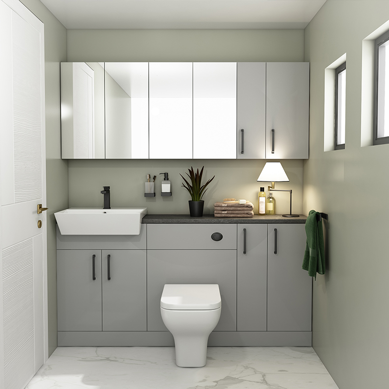 Oliver Black Fitted Suite w Mirror Cabinets: Dove Grey
